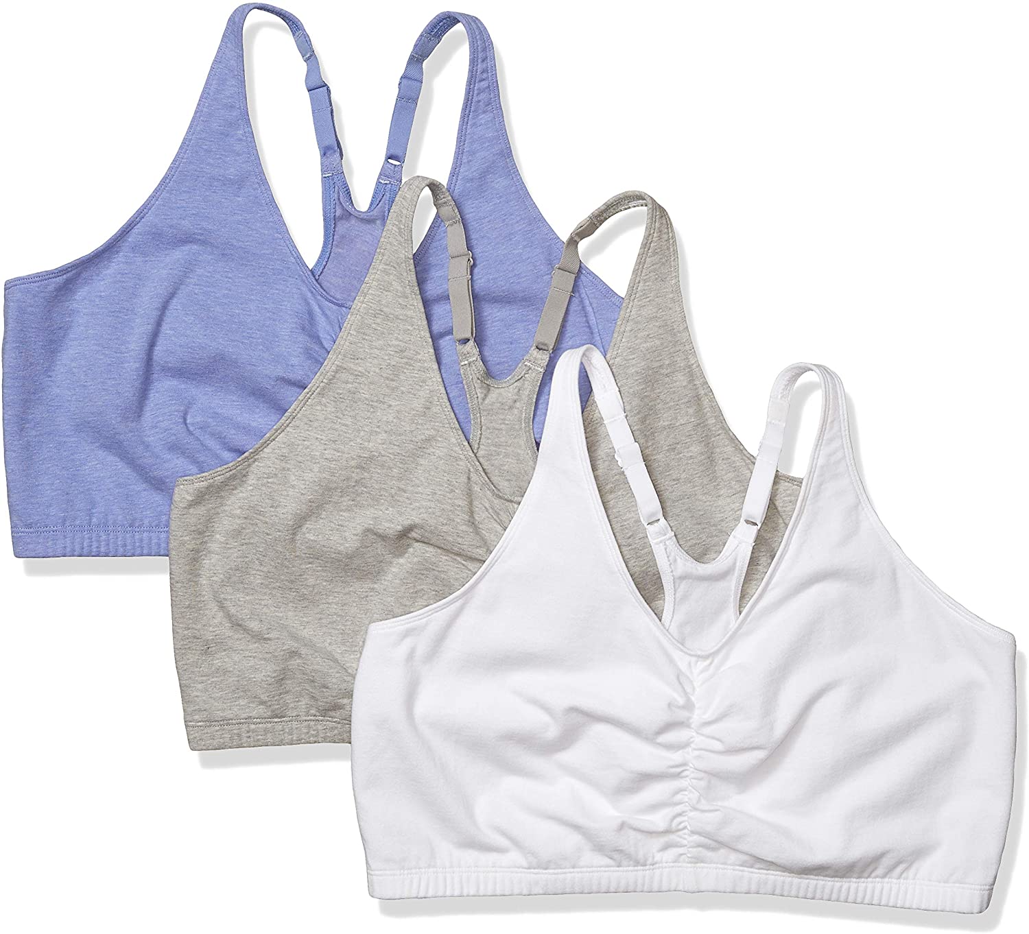 Pack of 3 Sports Bra Fruit of the Loom Womens Adjustable Shirred Front Racerback Bra 