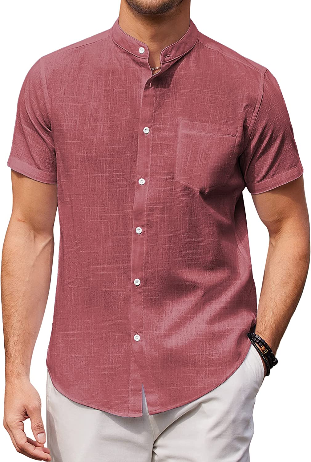 COOFANDY Men's Banded Collar Beach Shirt Cotton Linen Casual Button Down  Short S
