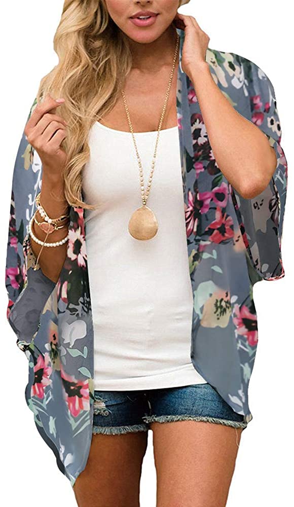 cllios Women's Floral Print Puff Sleeve Kimono Cardigan Loose