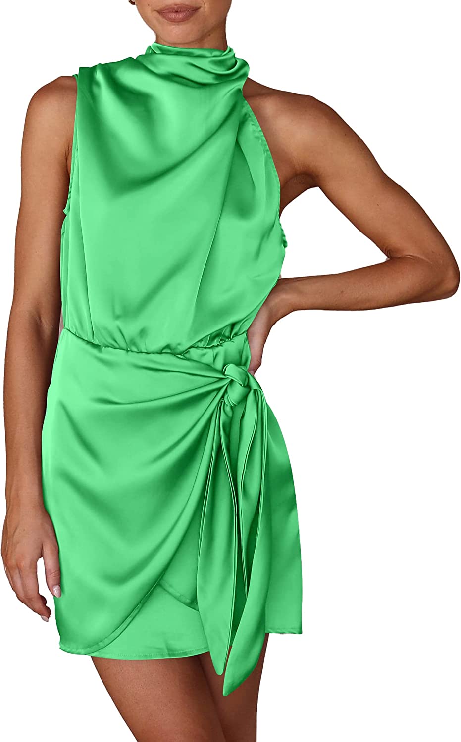 PRETTYGARDEN Women's Long Formal Satin Dress Mock Neck Sleeveless