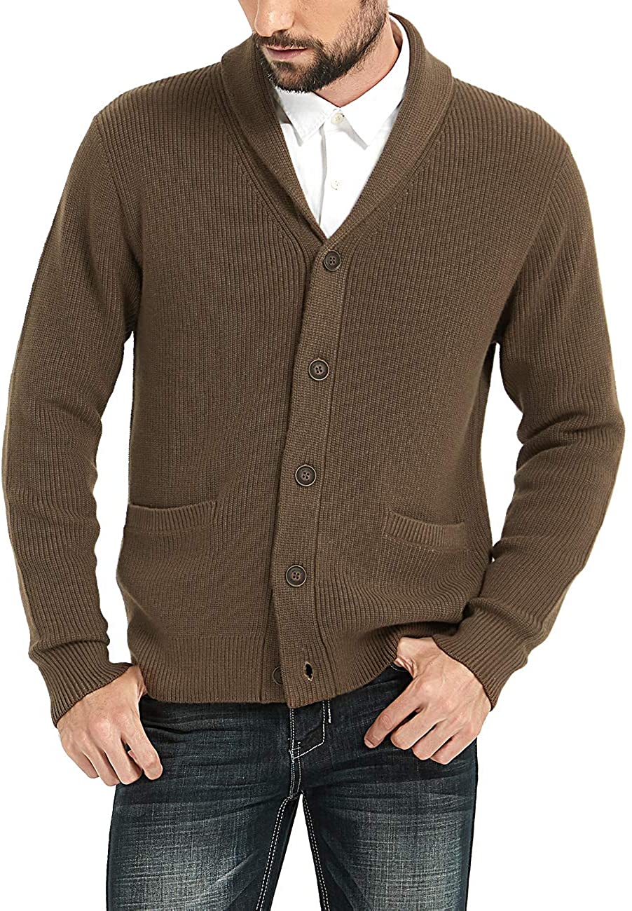 KALLSPIN Men's Cardigan Sweater Merino Wool Blend Shawl Collar Button Cardigan with Pockets