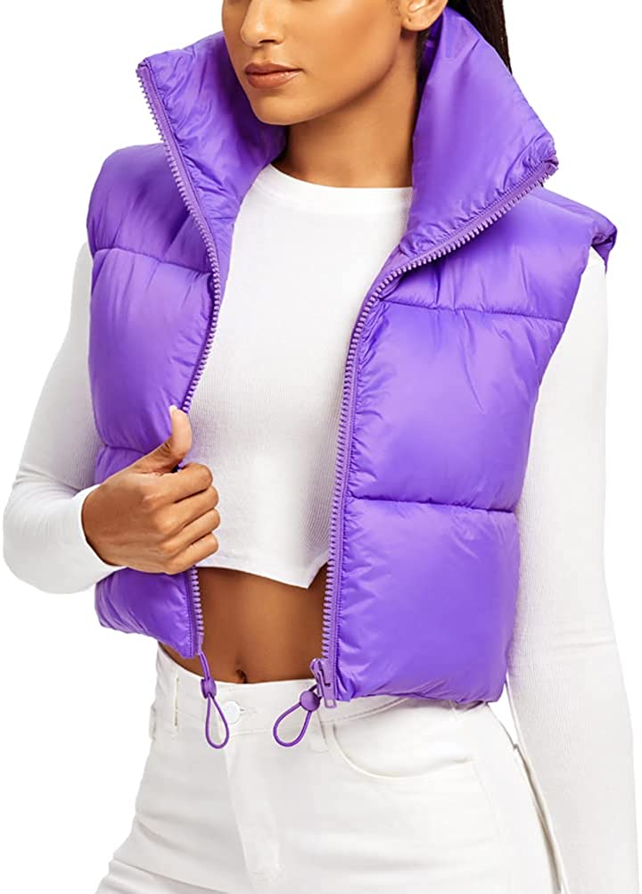 Fuinloth Women's Padded Vest, High Stand Collar Lightweight Zip Crop Puffer  Gilet at  Women's Coats Shop