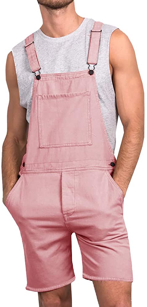 QitunC Mens Dungaree Shorts Overalls Bib Overall Shorts Denim Jeans Rolled Hem with Pockets 