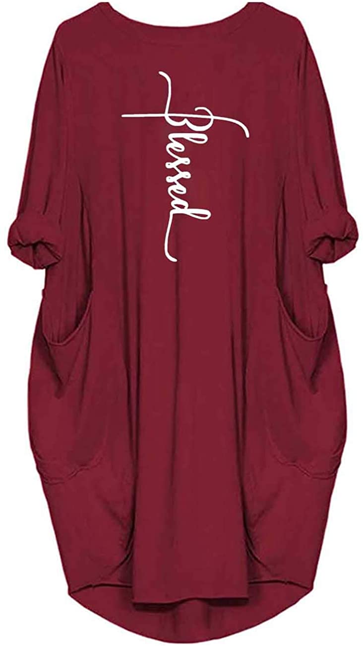 Yosayd Long Sleeves Faith Oversize T Shirt Dresses with Pocket for Women