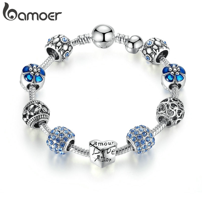 BAMOER Silver Plated Charm Bracelet & Bangle with Love and Flower Beads Women Wedding Jewelry 4 Colors 18CM 20CM 21CM PA1455-2