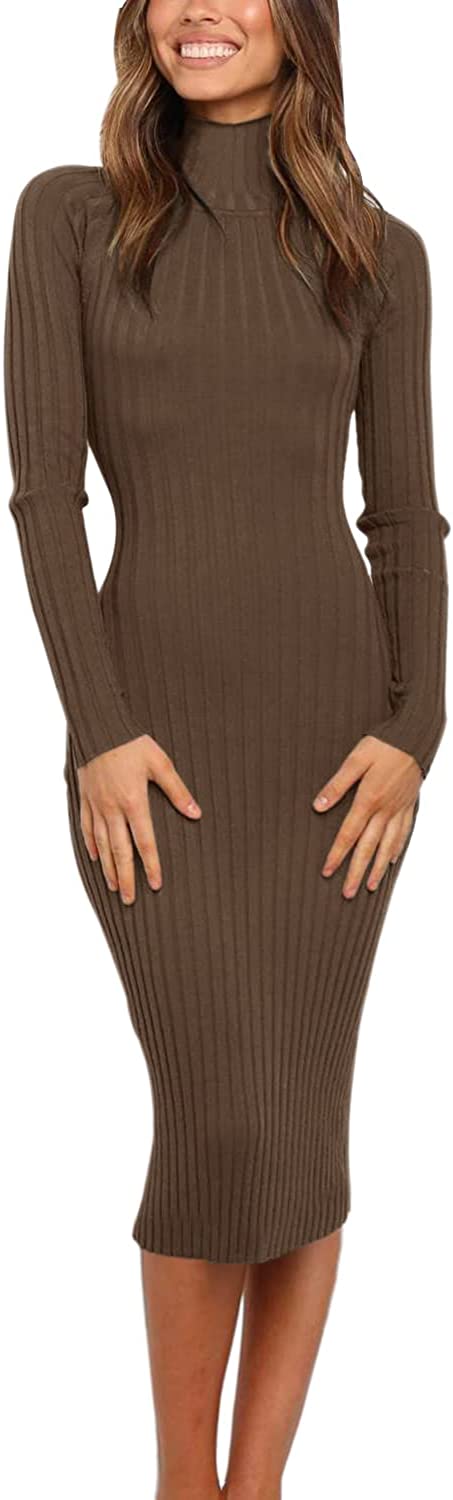 MEROKEETY Women's Ribbed Long Sleeve Sweater Dress High Neck Slim