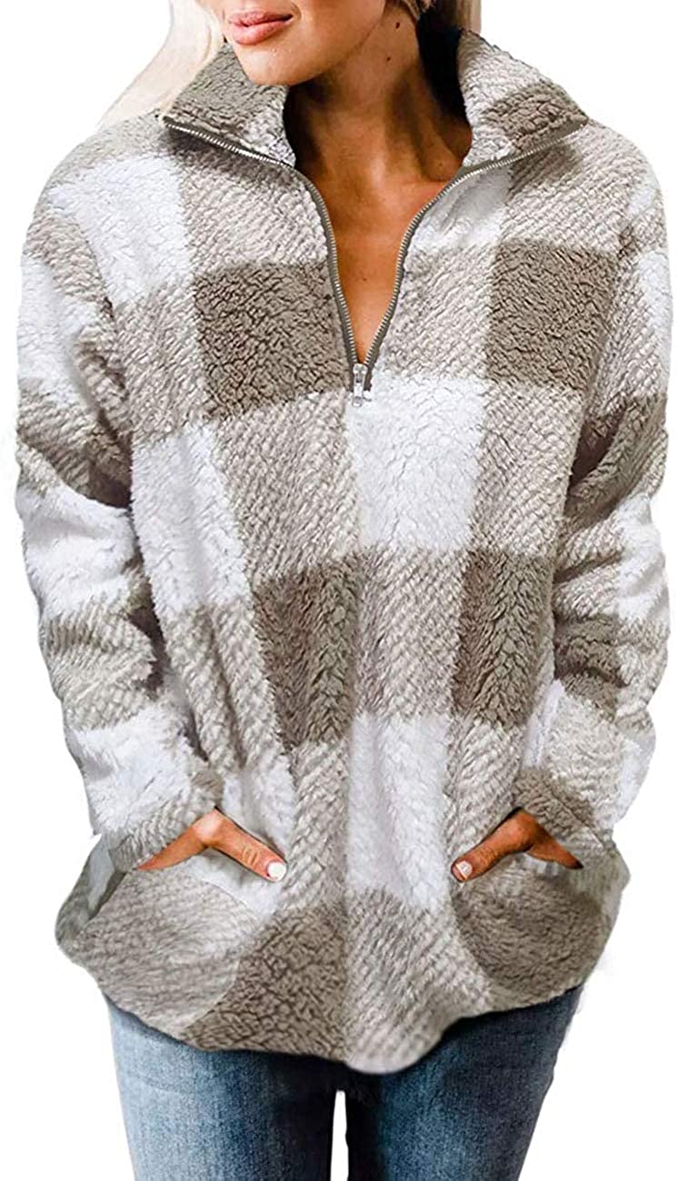 MEROKEETY Women's Plaid Sherpa Fleece Zip Sweatshirt Long Sleeve Pockets Pullove