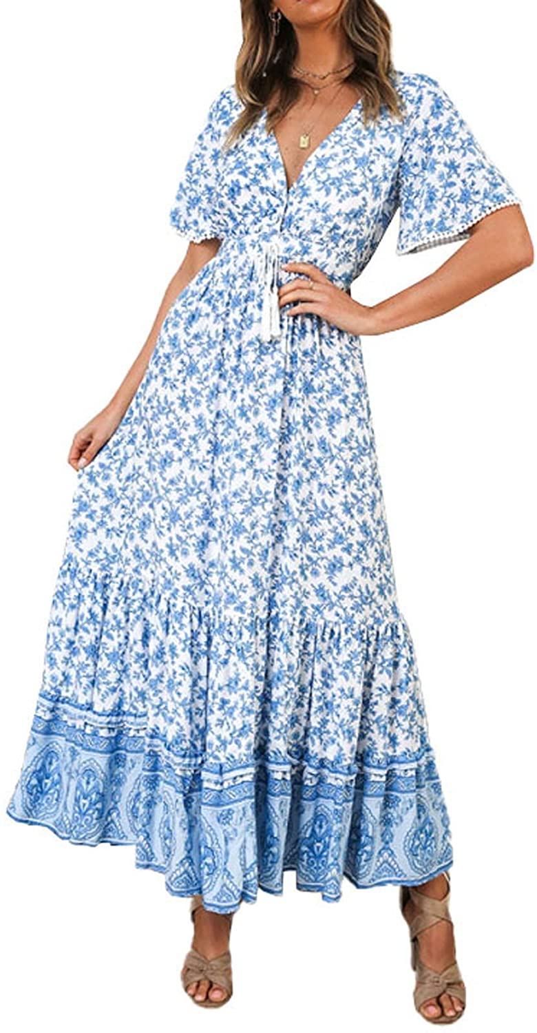  R.Vivimos Women's Summer Cotton Maxi Dress Adjustable