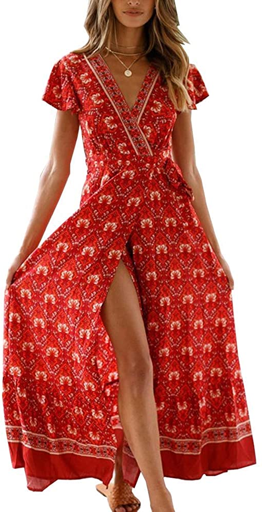 PRETTYGARDEN Women's Casual Long Summer Dresses Boho Floral Wrap V Neck  Short Sleeve Split Maxi Beach Dress : : Clothing, Shoes &  Accessories
