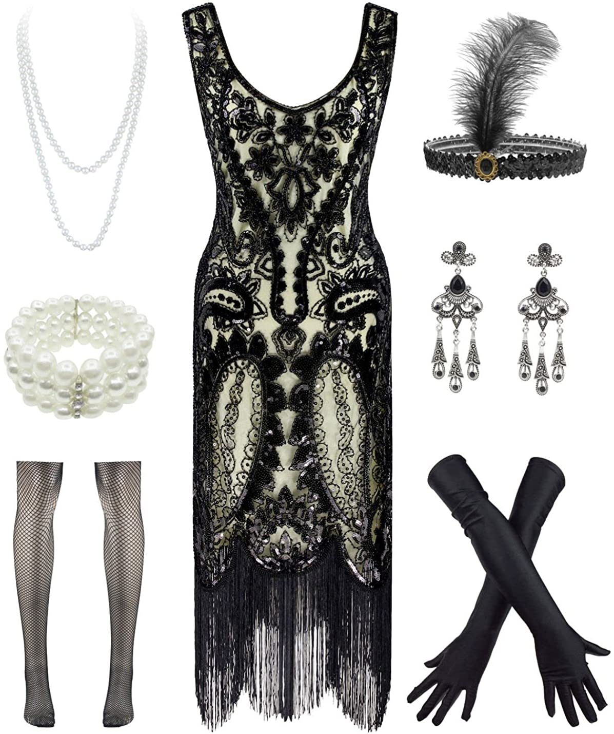 Womens Vintage Lace Fringed Gatsby 1920s Cocktail Dress with 20s Accessories Set 