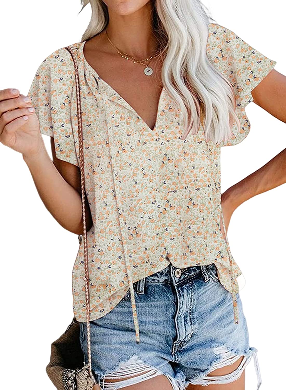 SimpleFun Women's Boho Tops Floral V Neck Short Sleeve Summer Blouse Shirts