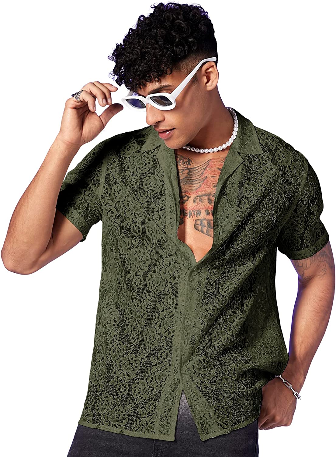 WDIRARA Men's Floral Print Sheer Mesh Sleeve Top T Shirt Notched V Neck  Club Tee Black Floral XS