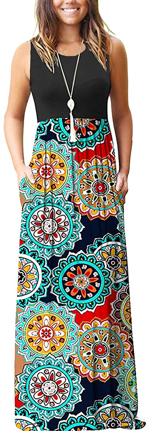 Hessimy Womens Maxi Dress Floral Printed Summer Contrast Sleeveless Tank Top Casual Tunic Long Maxi Dress 