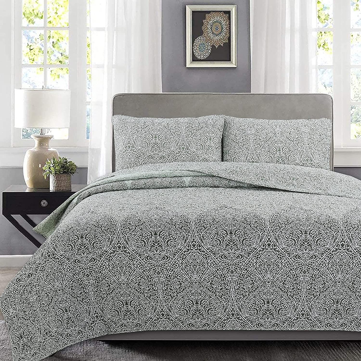 Details about   Cozy Line Home Fashions French Medallion Black White Grey Rose Flower Pattern Pr 