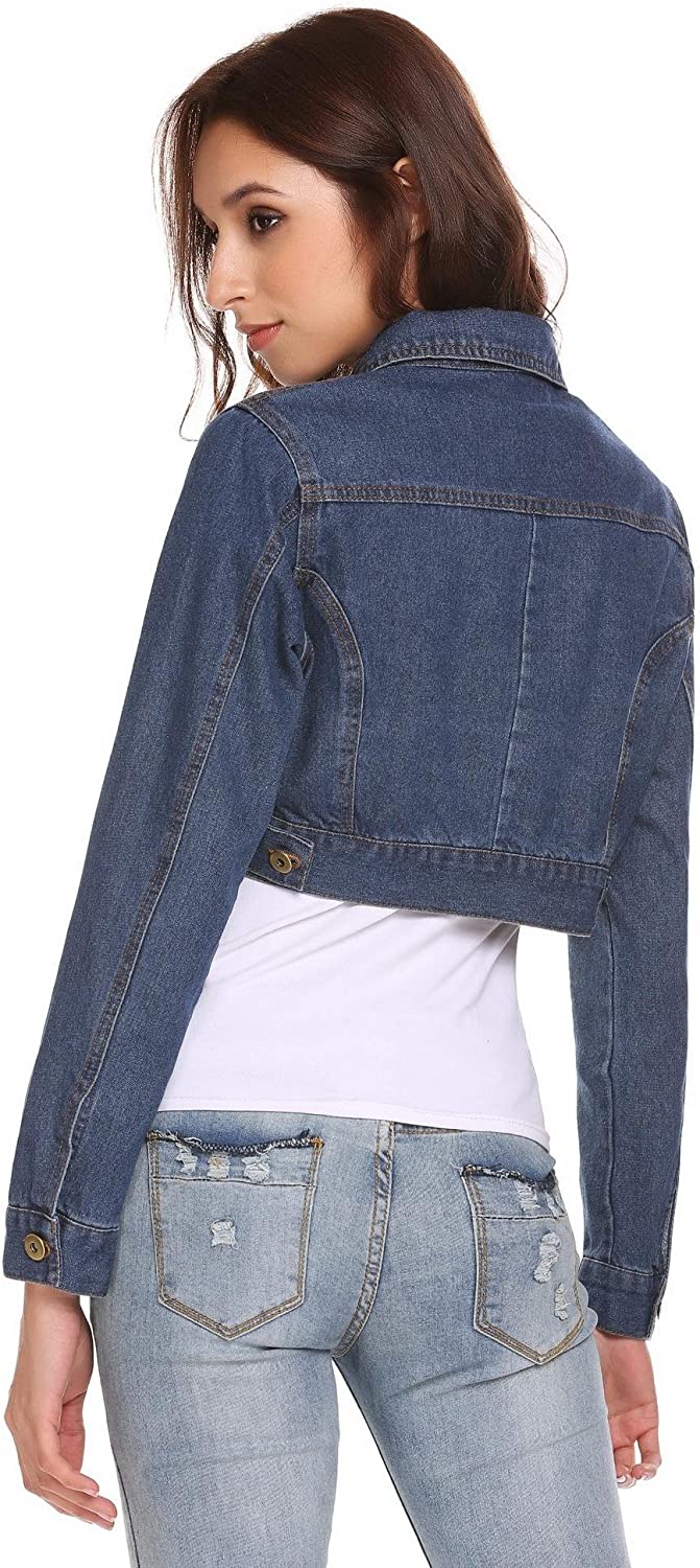 Grabsa Women's Button Down Long Sleeve Cropped Denim Jean Jacket with Pockets