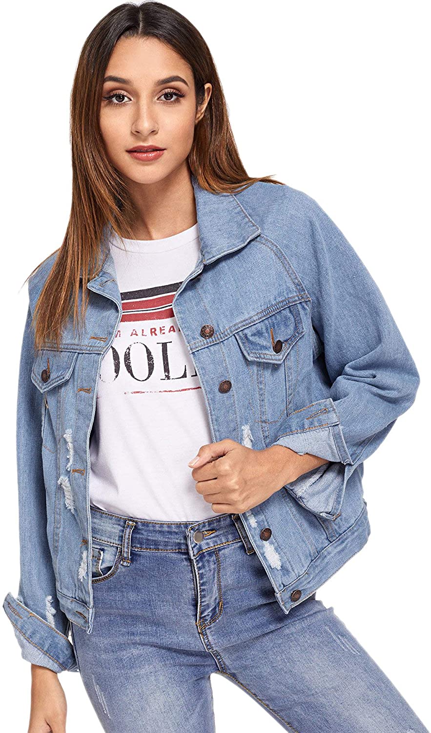 Floerns Womens Classic Button Up Denim Jean Jacket with Pockets