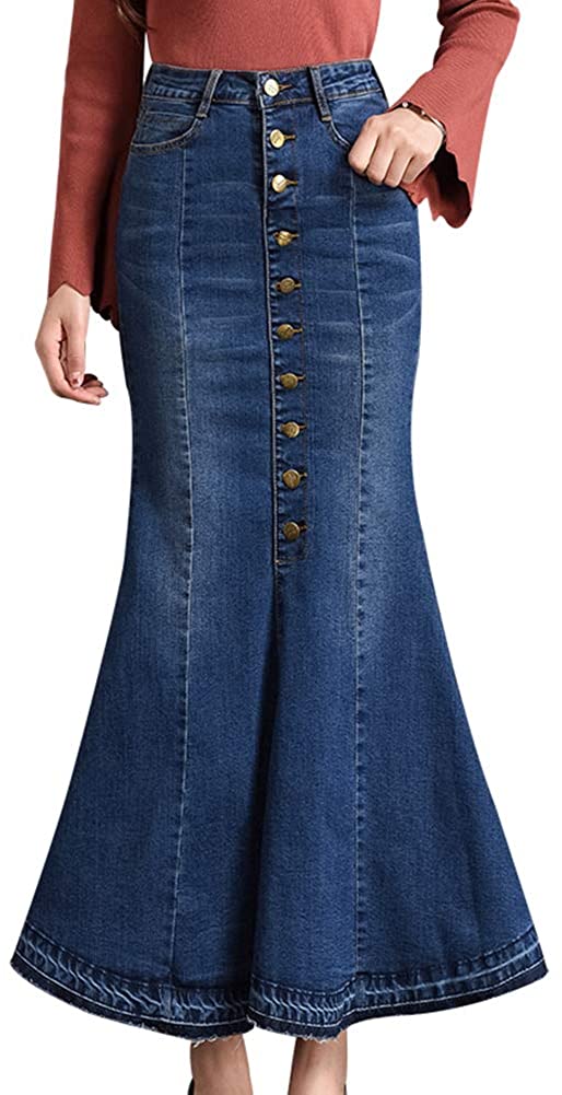 LISUEYNE Women's Casual Stretch Waist Washed Denim Ruffle Fishtail Skirts  Long J | eBay