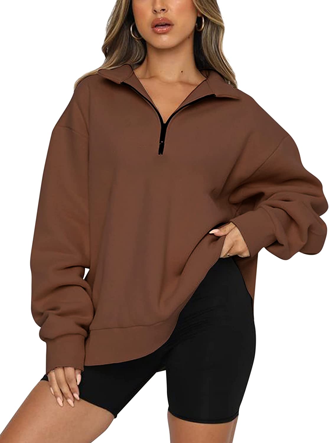 Meladyan Womens Half Zip Sweatshirt Oversized Long Sleeve Collar Drop  Shoulder S