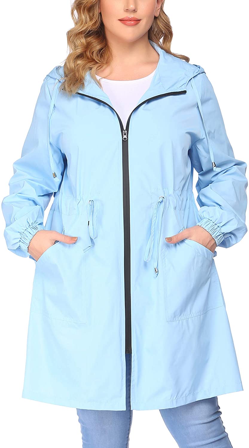 INVOLAND Waterproof Hooded Jacket Plus Size Women Windbreaker Zipper 2 Pockets Knee Length 