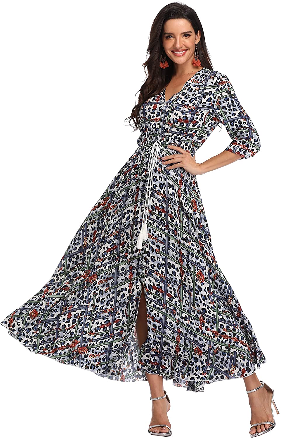 Summer Floral Print Maxi Dress Women Button Up Split Long Flowy Bohemian  Beach P | eBay