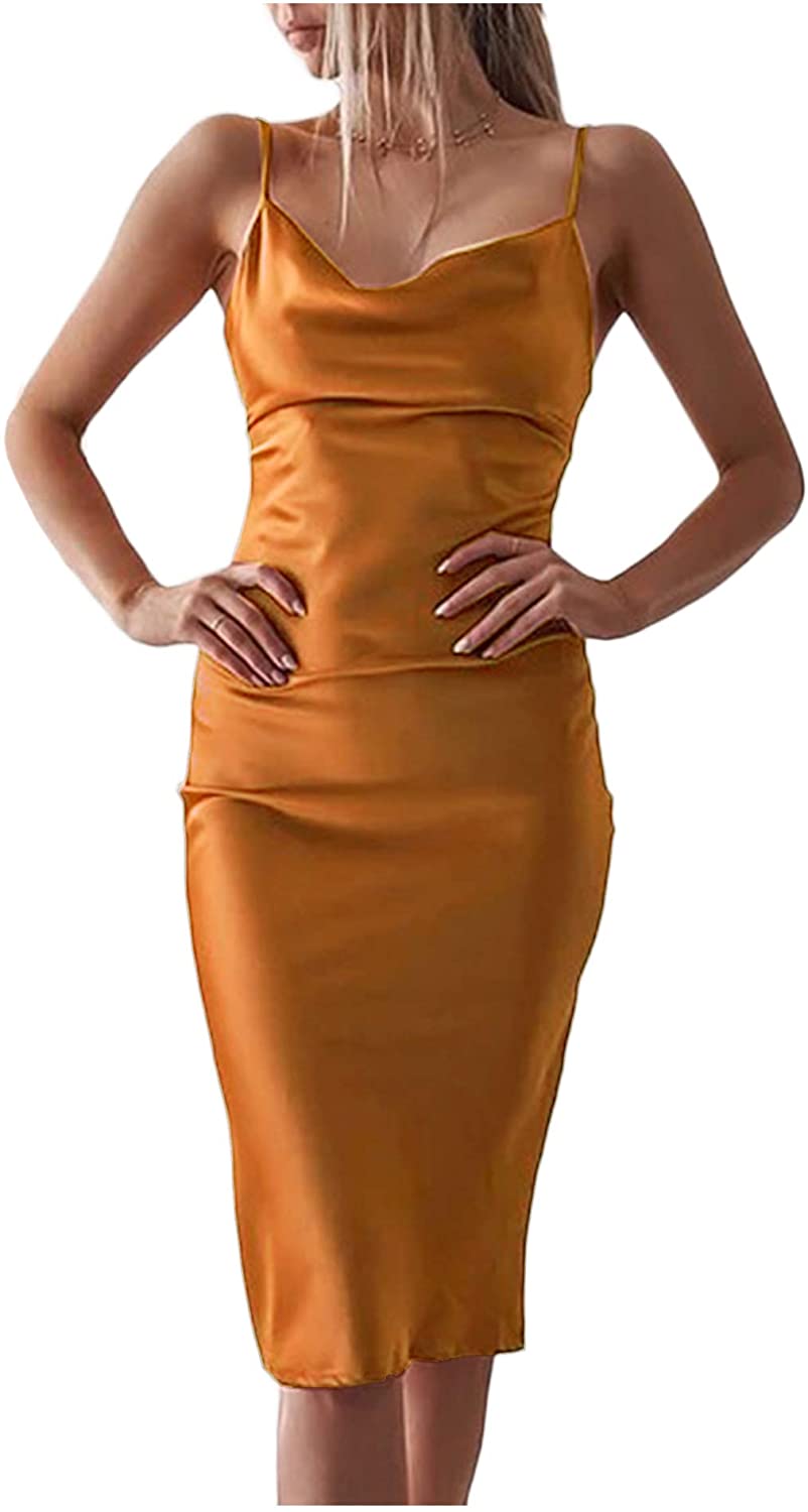  Women's Sleeveless Spaghetti Strap Satin Dress with