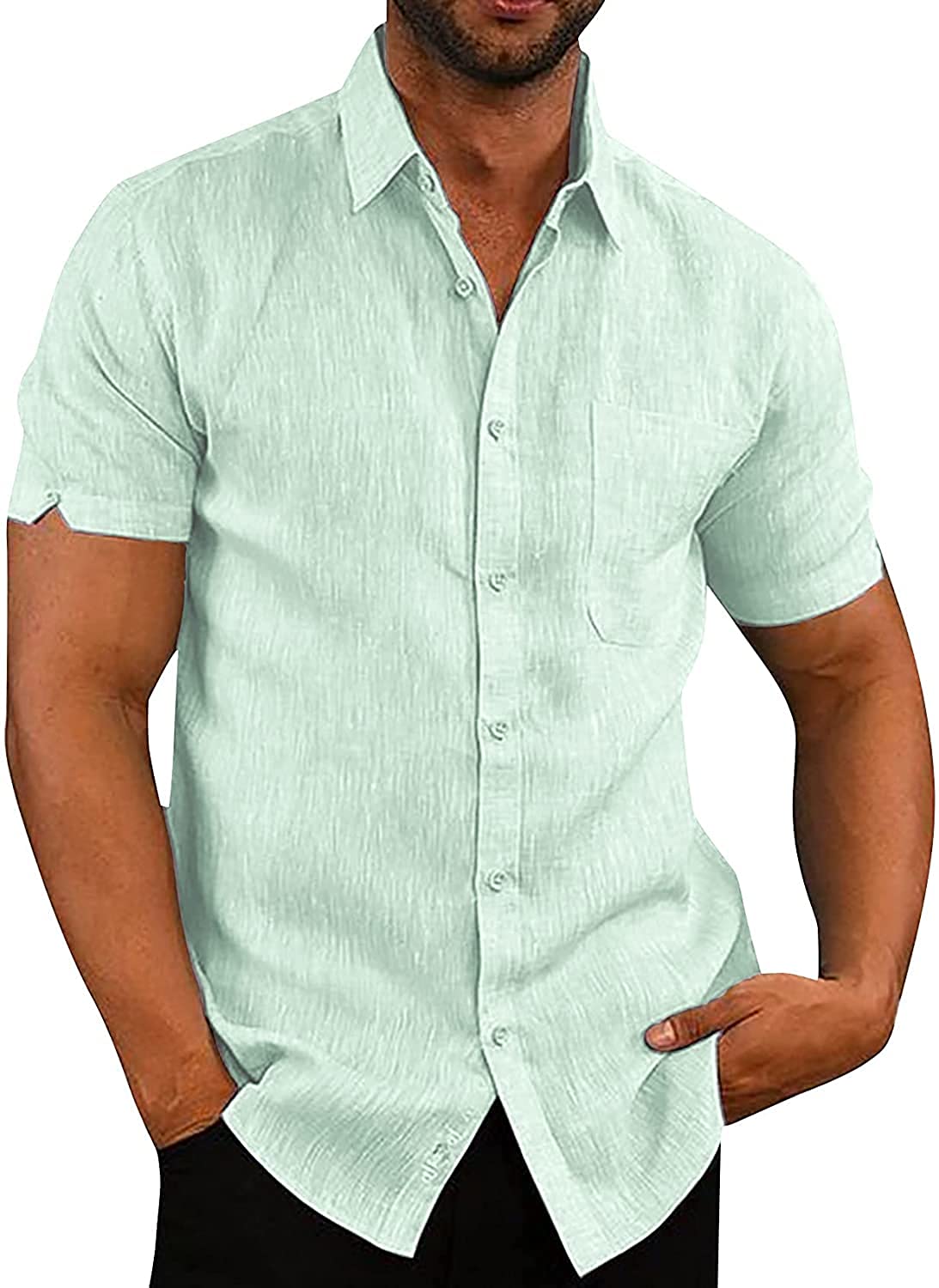 Pengfei Mens Long Sleeve Shirts Linen Cotton Button Down Fishing Tees  Spread Collar Plain Summer Shirts