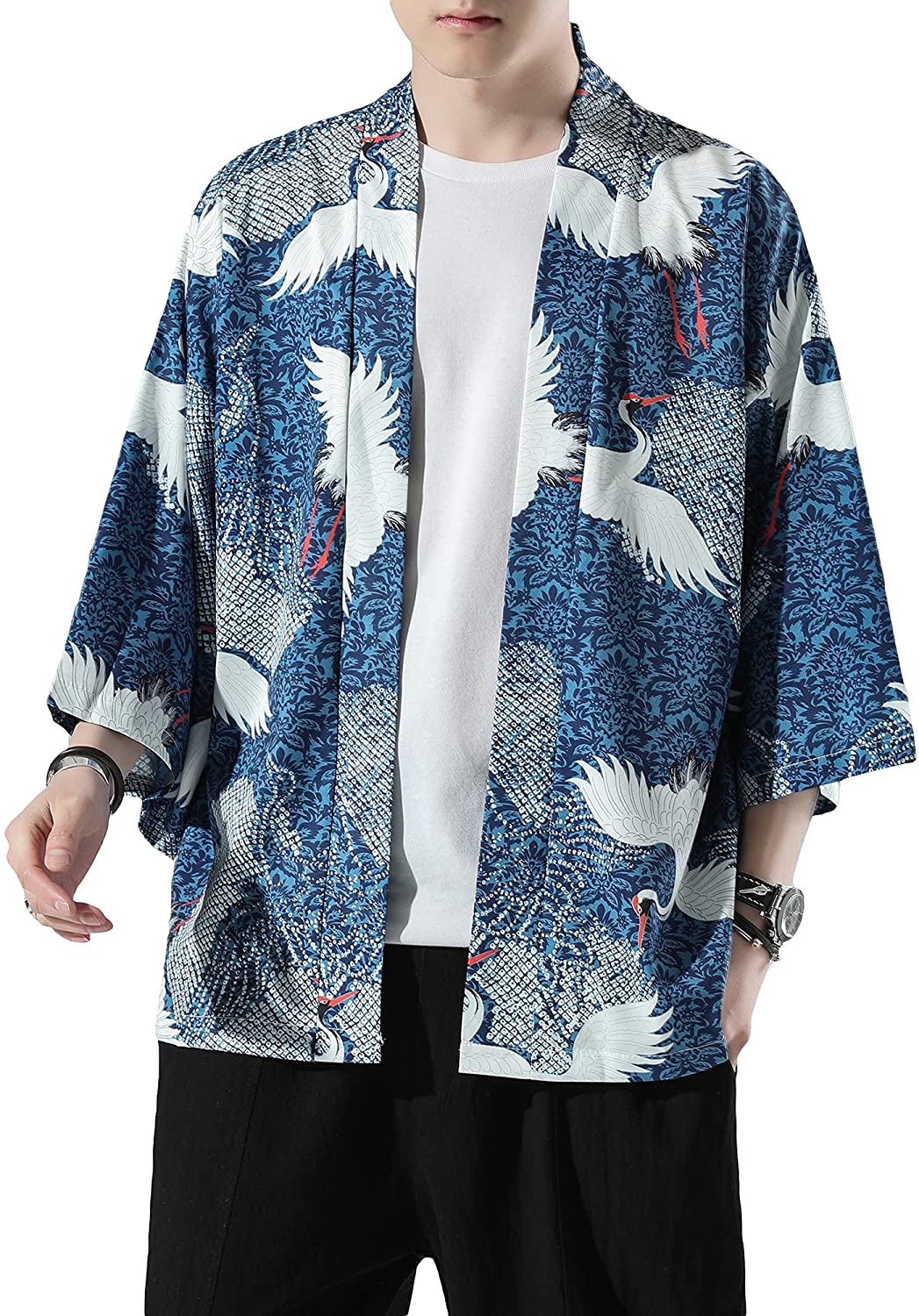 PRIJOUHE Men's Kimono Cardigan Jacket Japanese Style Flying Crane Seven  Sleeves Open Front Coat at  Men's Clothing store