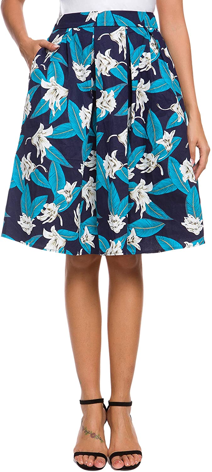 thumbnail 21  - Tandisk Women&#039;s Vintage A-line Printed Pleated Flared Midi Skirt with Pockets