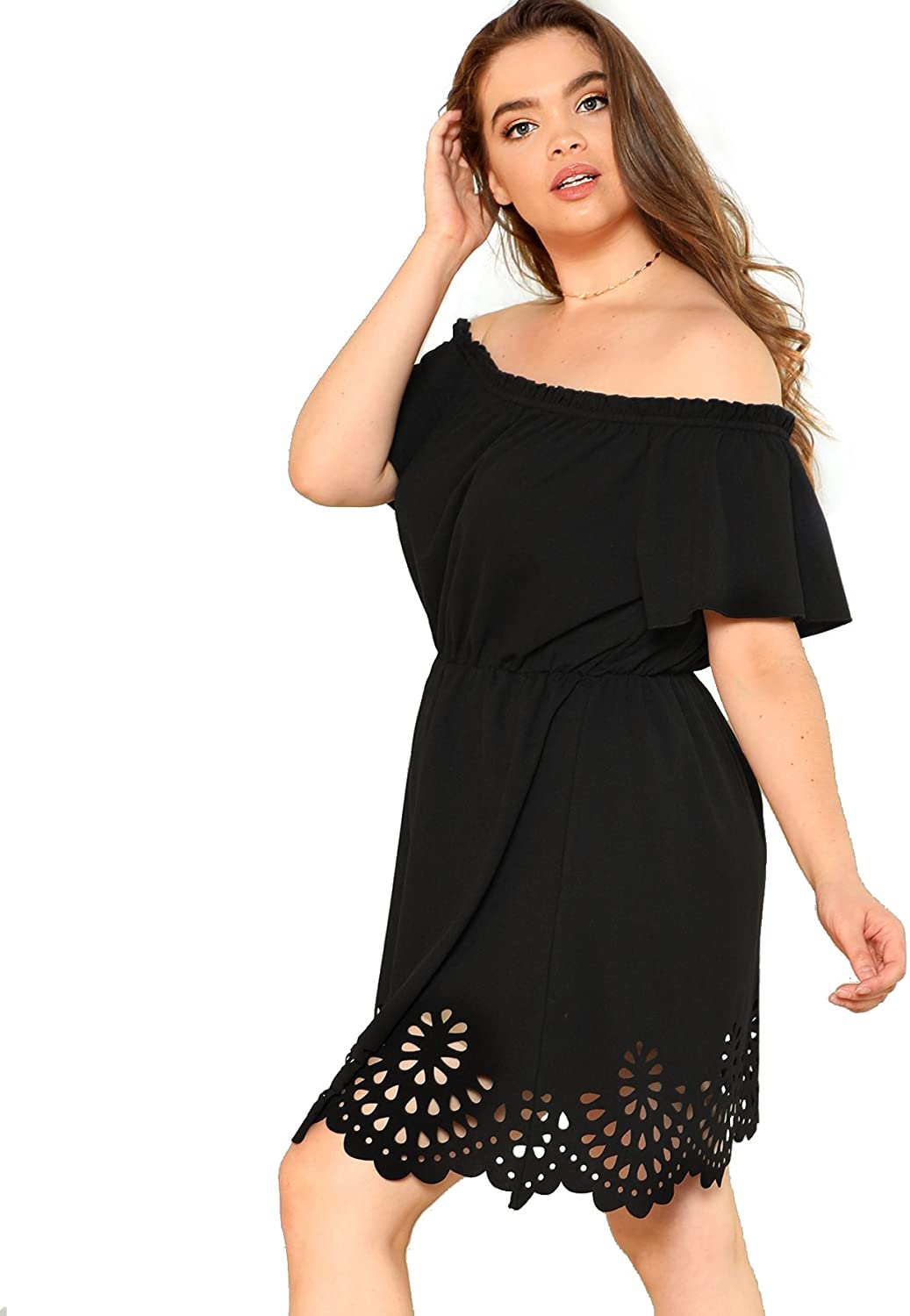 Romwe Women's Plus Size Off The Shoulder Hollowed Out Scallop Hem Party ...