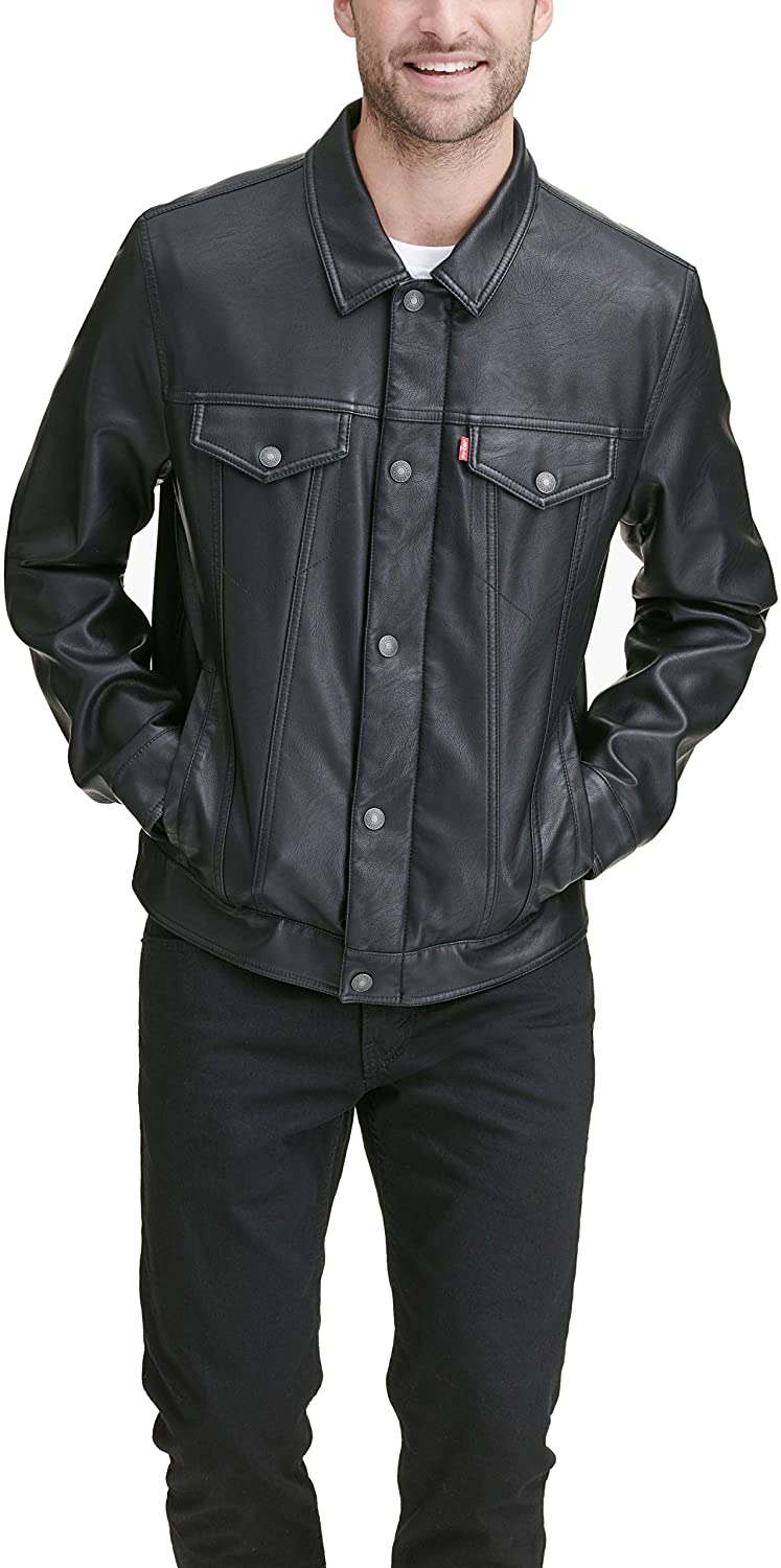Men TRUCKER Jacket Classic Black 100%FAUX & REAL Genuine Leather Classic Style