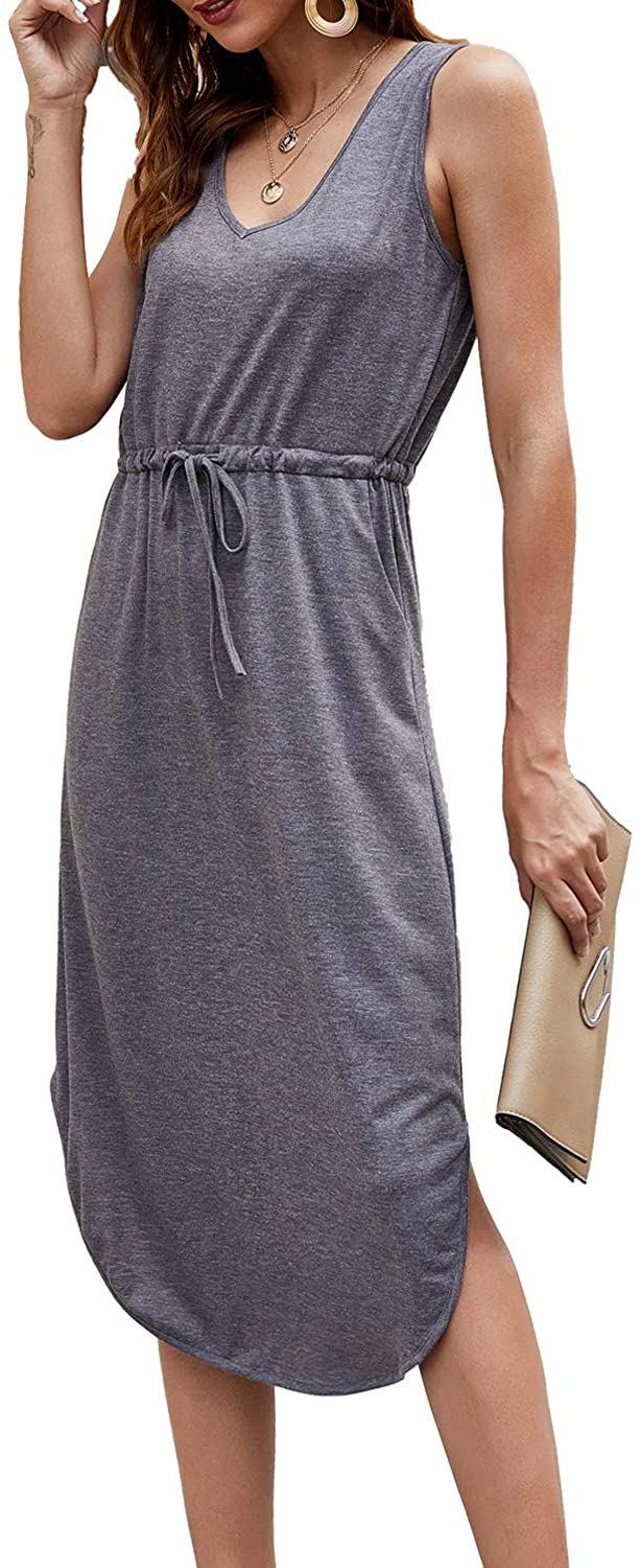 Hount Womens V Neck Sleeveless Casual T Shirt Dress Summer Midi Dress with Pockets 