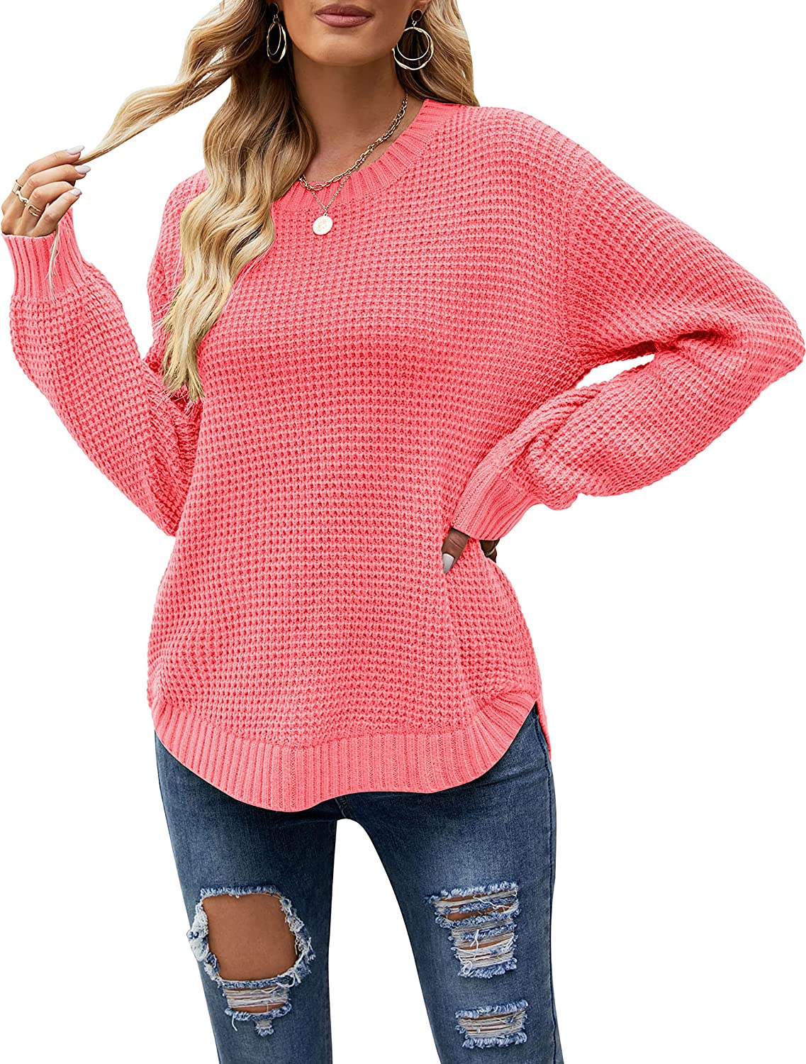 MEROKEETY Women's 2024 Fall Casual Fall Waffle Knit Sweater Long Balloon  Sleeve Loose Pullover Jumper, ArmyGreen, S at  Women's Clothing store