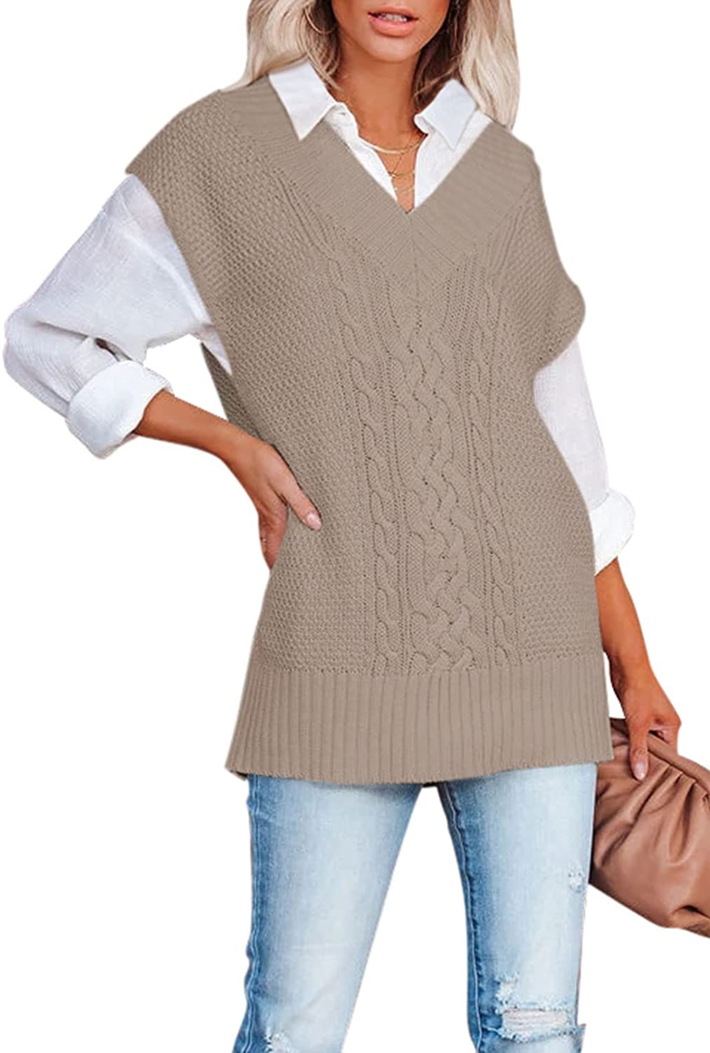 Viottiset Women's Oversized V Neck Knit Sweater Vest Tunic Sleeveless  Pullover Top, 1-apricot, Small : : Clothing, Shoes & Accessories