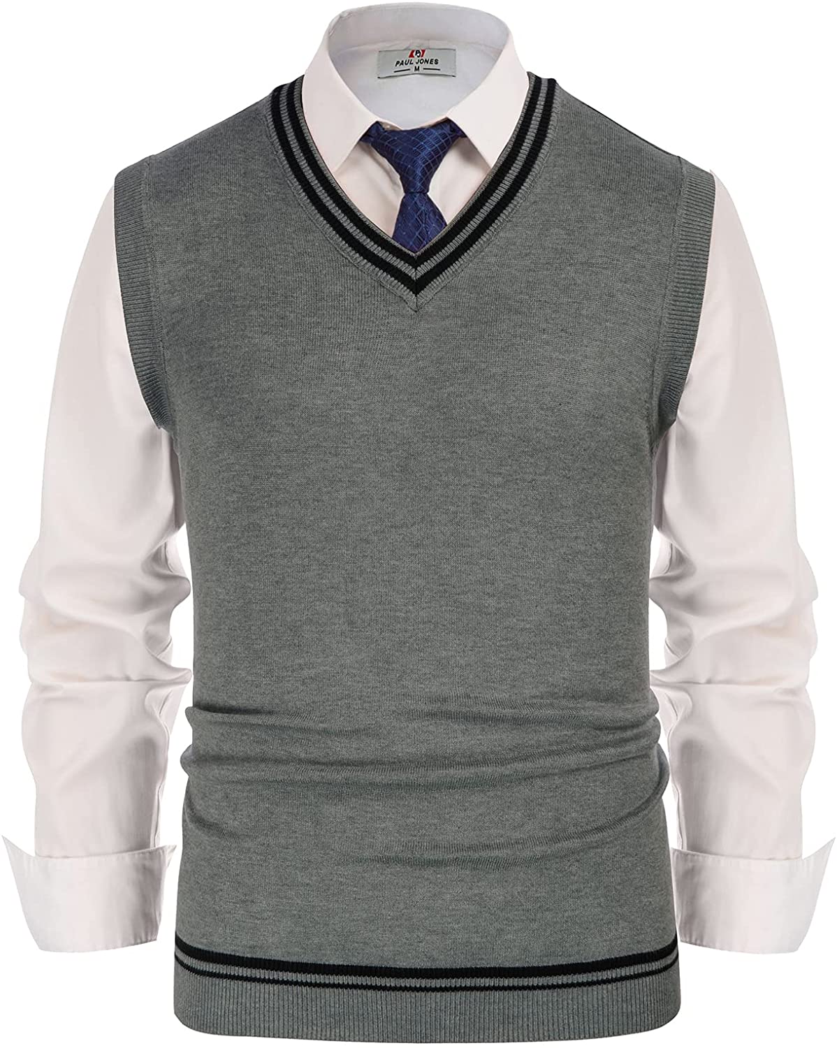PJ PAUL JONES Mens V-Neck Knitted Sweater Vest Solid Plain Sleeveless Pullover Knitwear 