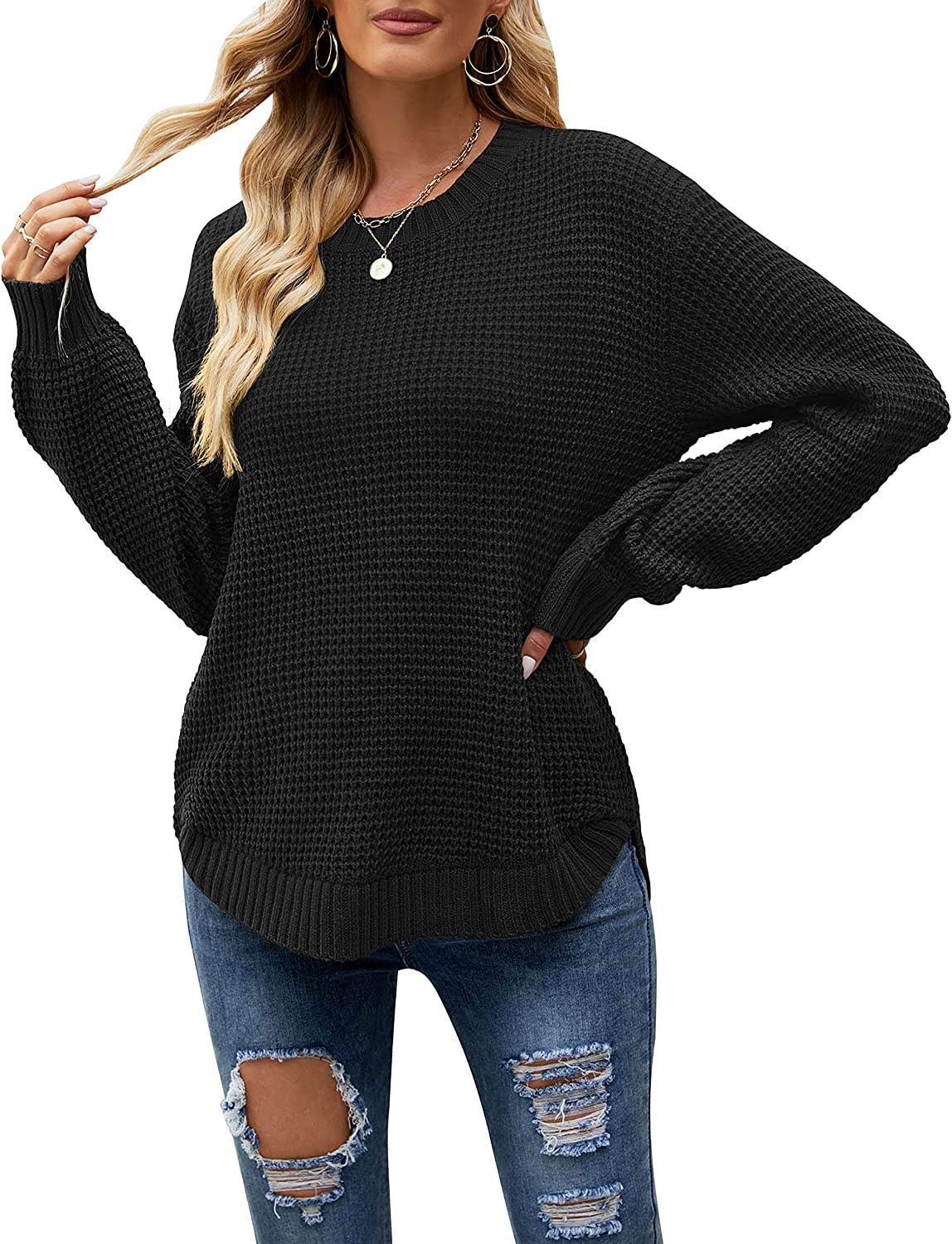 MEROKEETY Women's 2023 Fall Casual Fall Waffle Knit Sweater Long
