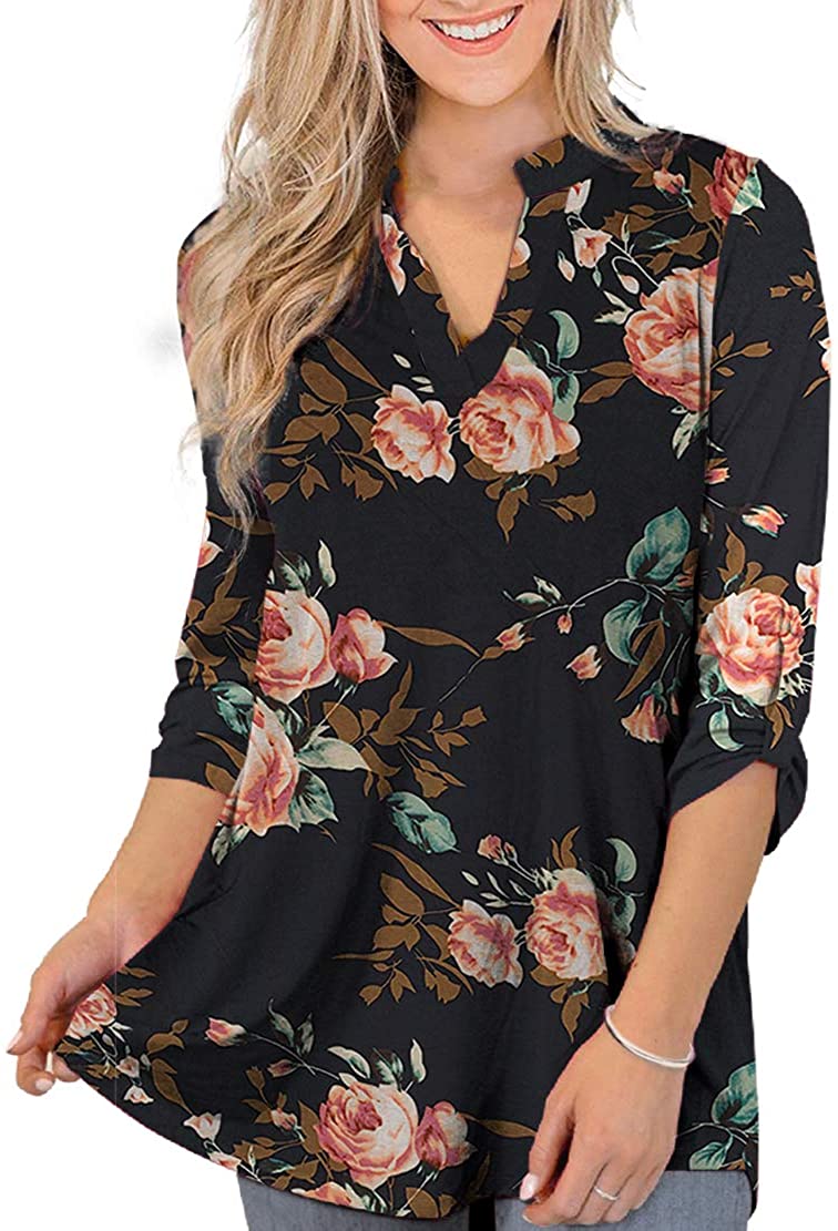 Othyroce Womens Floral Printed Tunic Tops 3/4 Roll Sleeve V Neck Blouses  Long Sleeve Shirts for Women