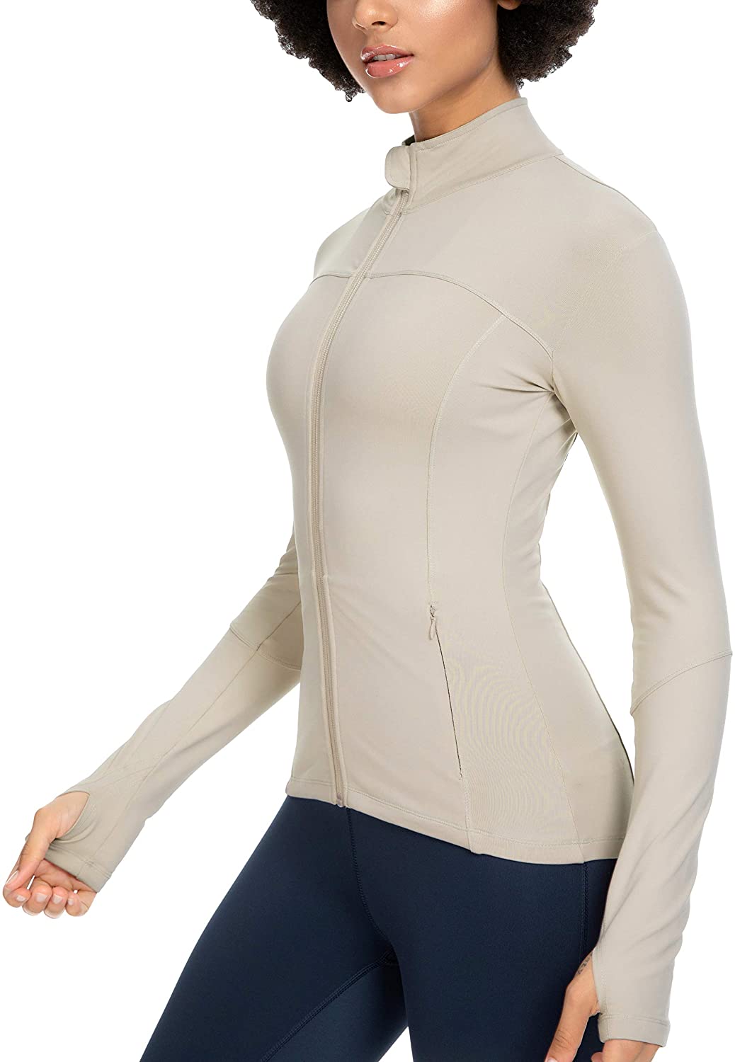  QUEENIEKE Crop Jackets For Women, Athletic Full Zip Up Jacket  Womens Slim Fit Running Jackets With Thumb Holes Beige XS : Clothing, Shoes  & Jewelry