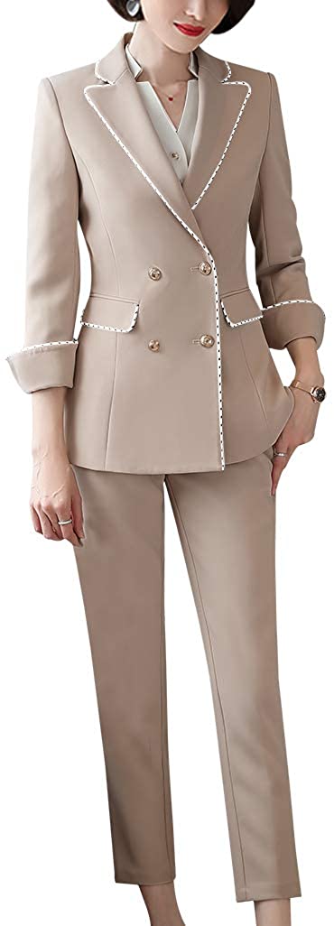 Women’s Formal Two Piece Solid Blazer Sets Double Breasted Notched Office Lady Suit Set Work Blazer Jacket Pant 