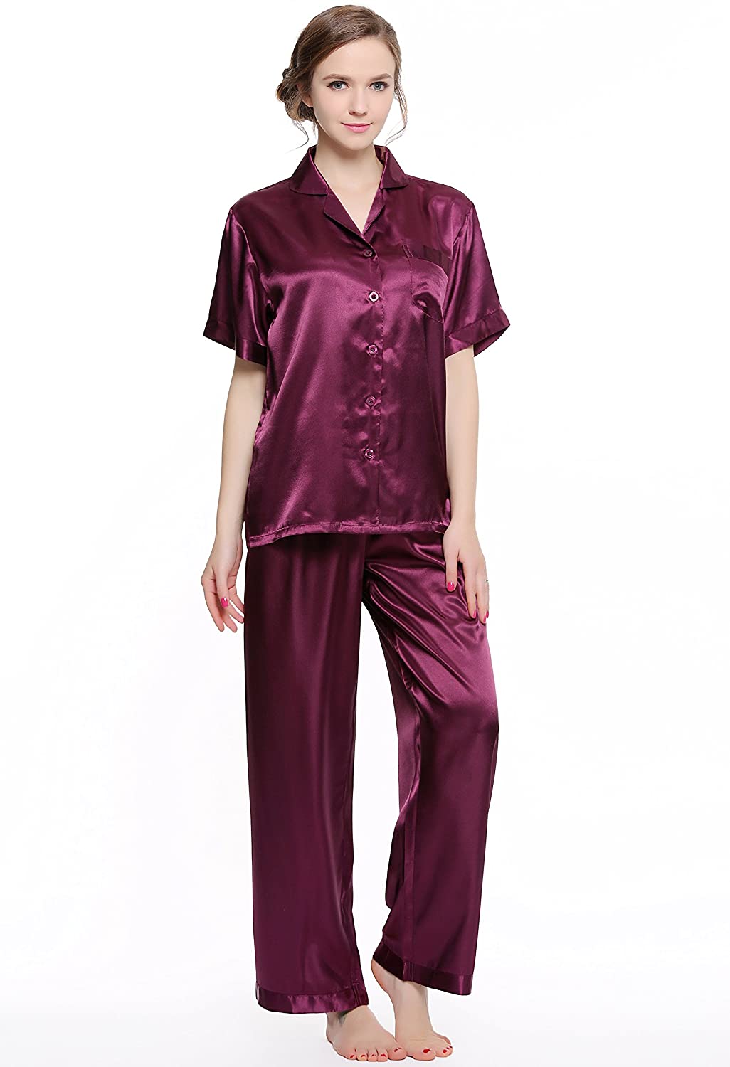 Lavenderi Womens Short Sleeve Classtic Satin Pajama Set