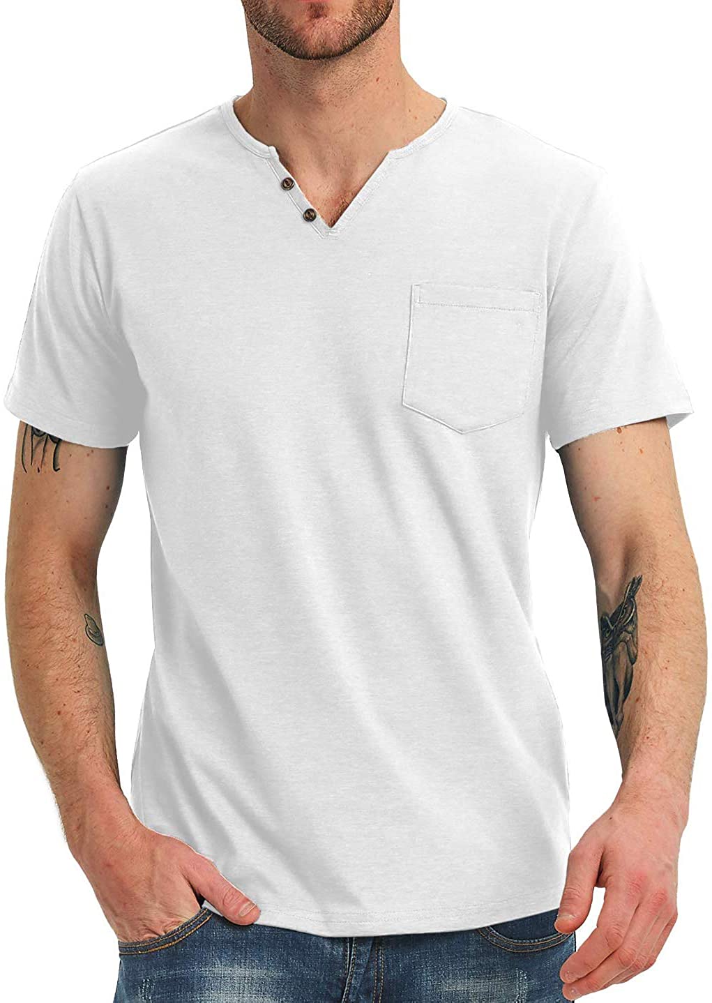NITAGUT Men's Casual Slim Fit Long/Short Sleeve Pocket T-Shirts Cotton V Neck Tops 