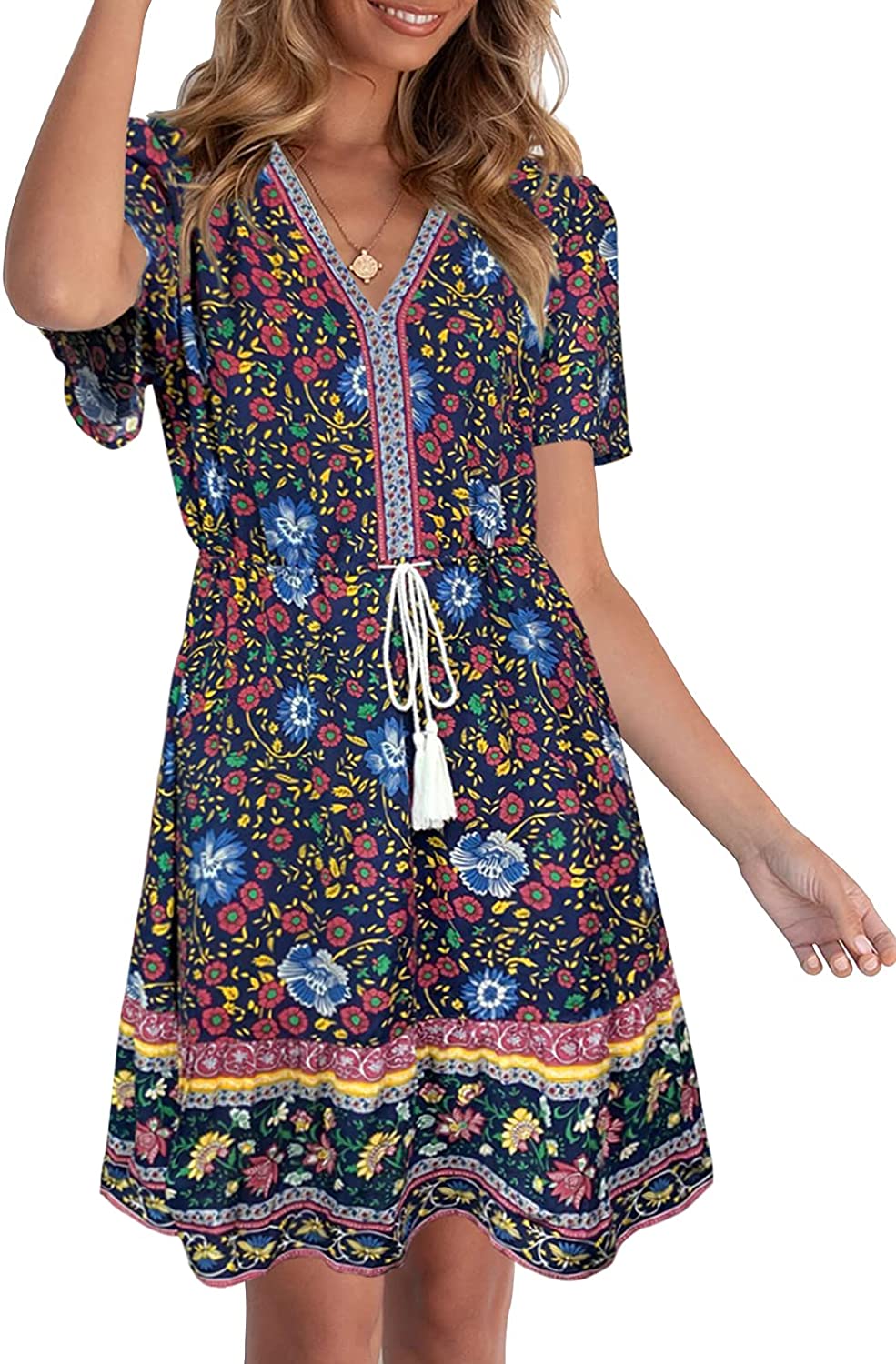 LEANI Women’s Summer V Neck Bohemian Floral Print Mini Dress Short Sleeve Ruffle Beach Short Dress 