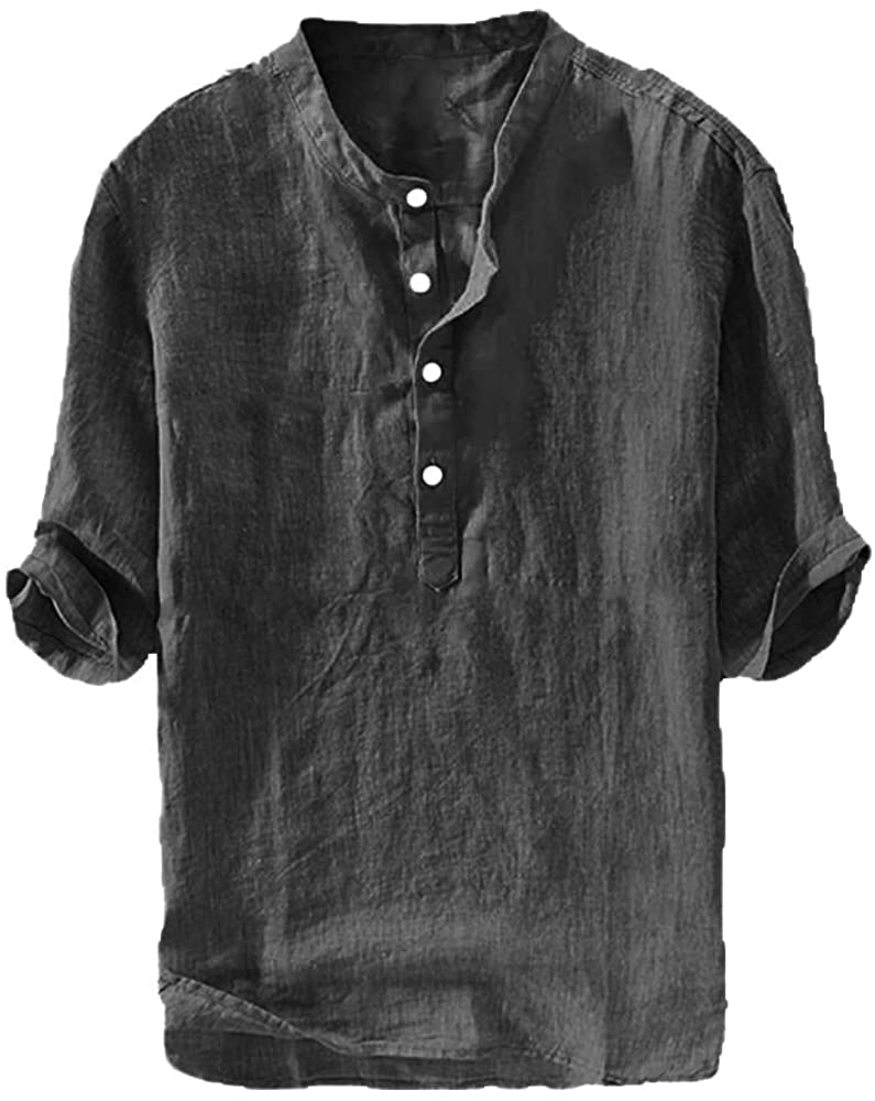 Runcati Mens Linen Henley Shirts Beach Short Sleeve Cotton Tops Lightweight Tees Plain Summer T Shirt 