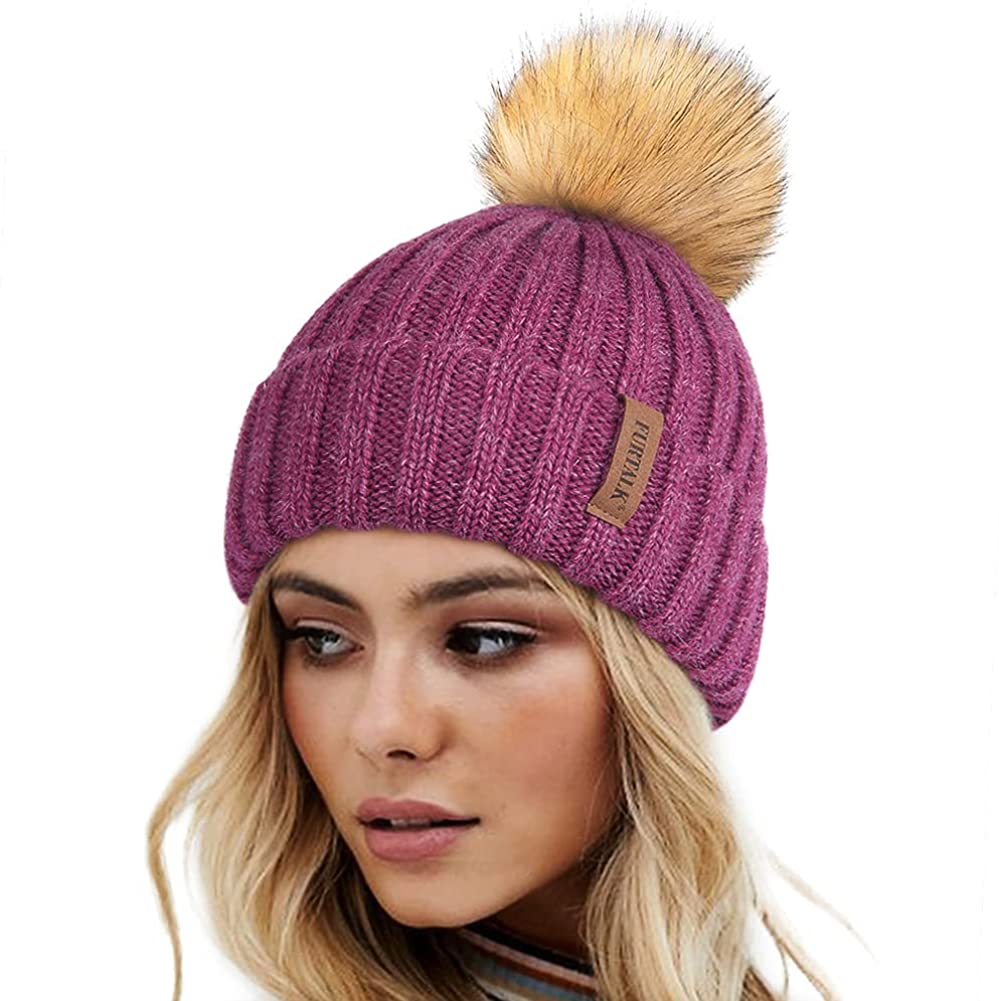 FURTALK Womens Winter Knitted Beanie Hat with Faux Fur Pom Warm Knit Skull  Cap Beanie for Women at  Women's Clothing store