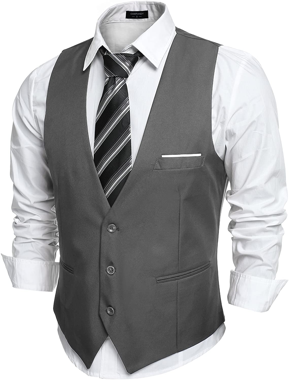 Holzkary Mens V-Neck Slim Fit Business Suit Sleeveless 6 Button Dress Vest Waistcoat Jacket