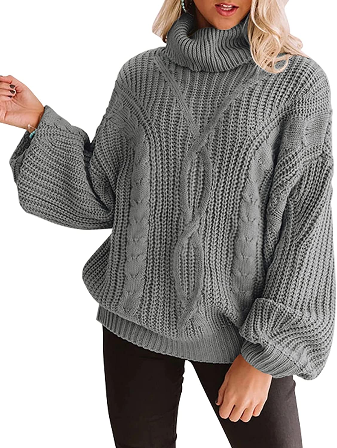 ZESICA Women's Long Sleeve Turtleneck Chunky Knit Loose Oversized Sweater  Pullov