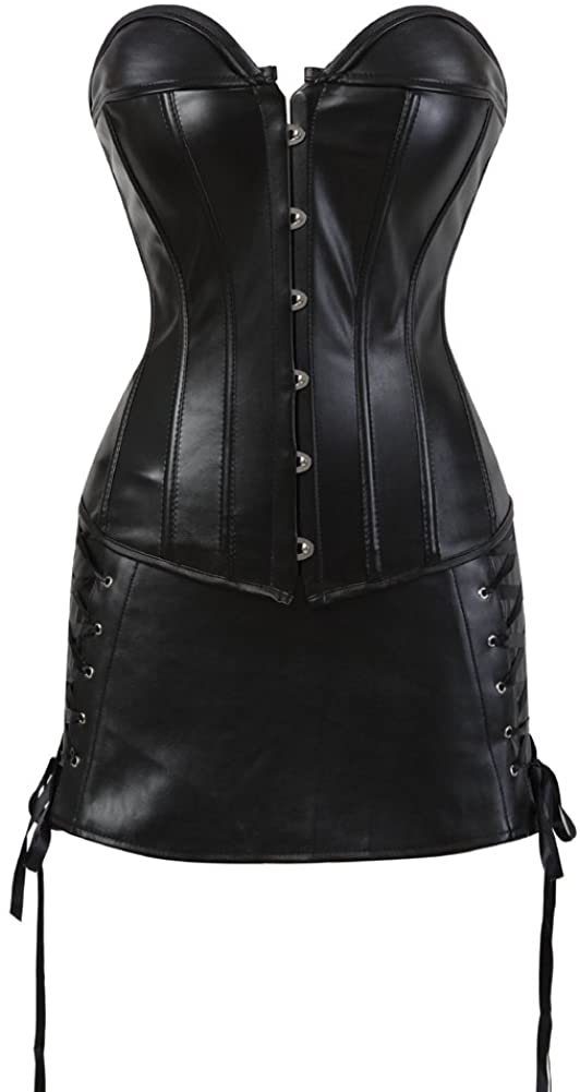 frawirshau Faux Leather Corsets for Women Lace up Boned Waist Cincher ...