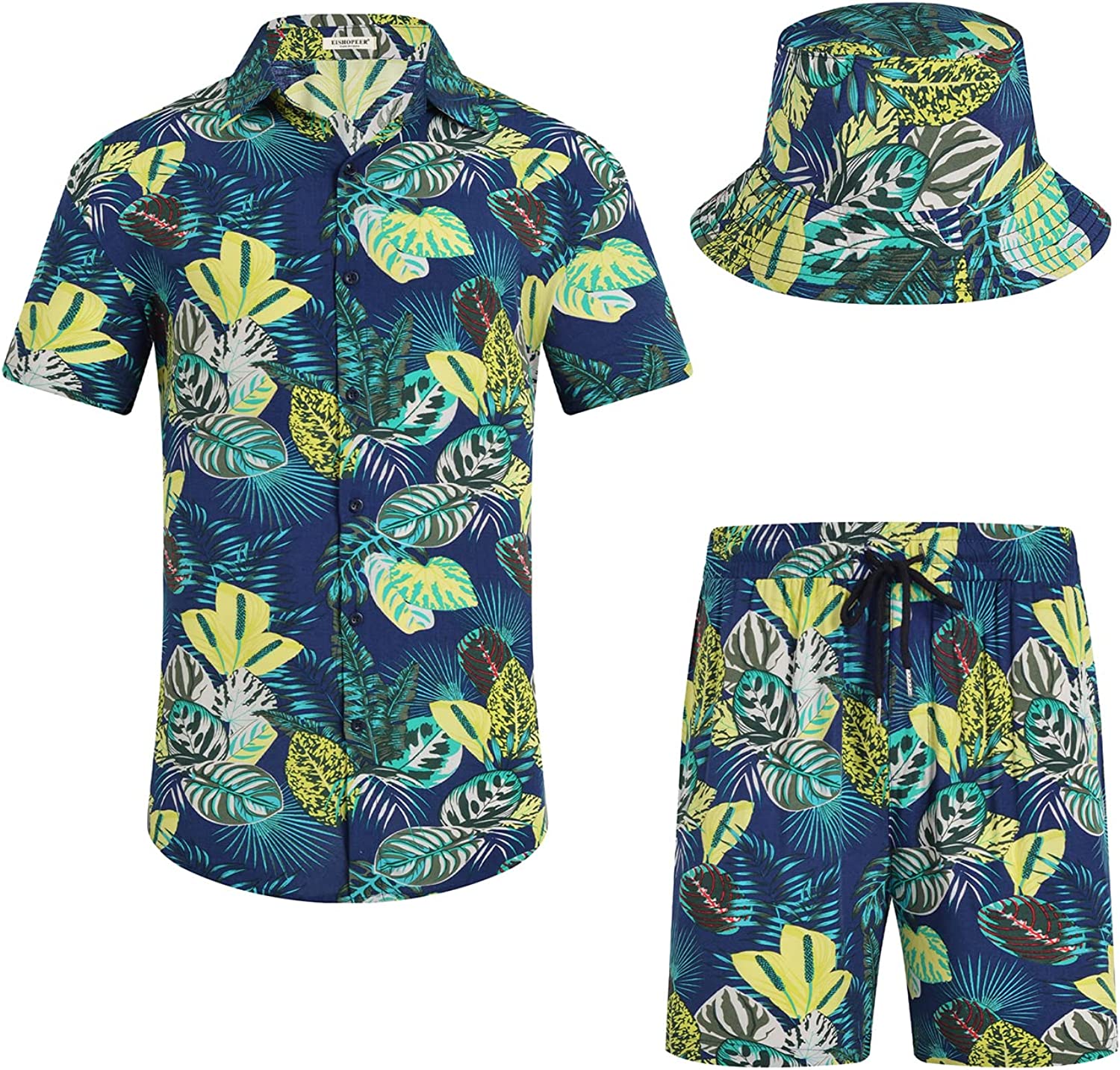EISHOPEER Men's Flower Button Down Hawaiian Sets Casual Short Sleeve Shirt and Shorts Suits 