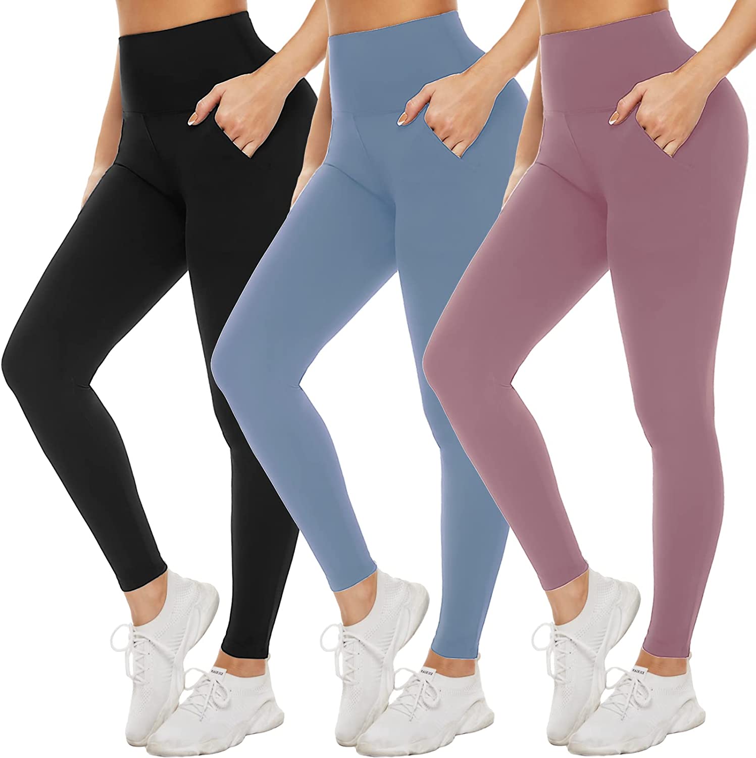 NEW YOUNG 3 Pack Leggings with Pockets for Women High Waisted