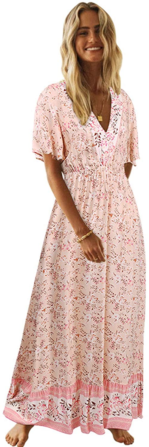 LANISEN Womens Summer Boho Floral Swing Beach Mini Dress Casual Short Sleeve Backless Ruffle A Line Dress