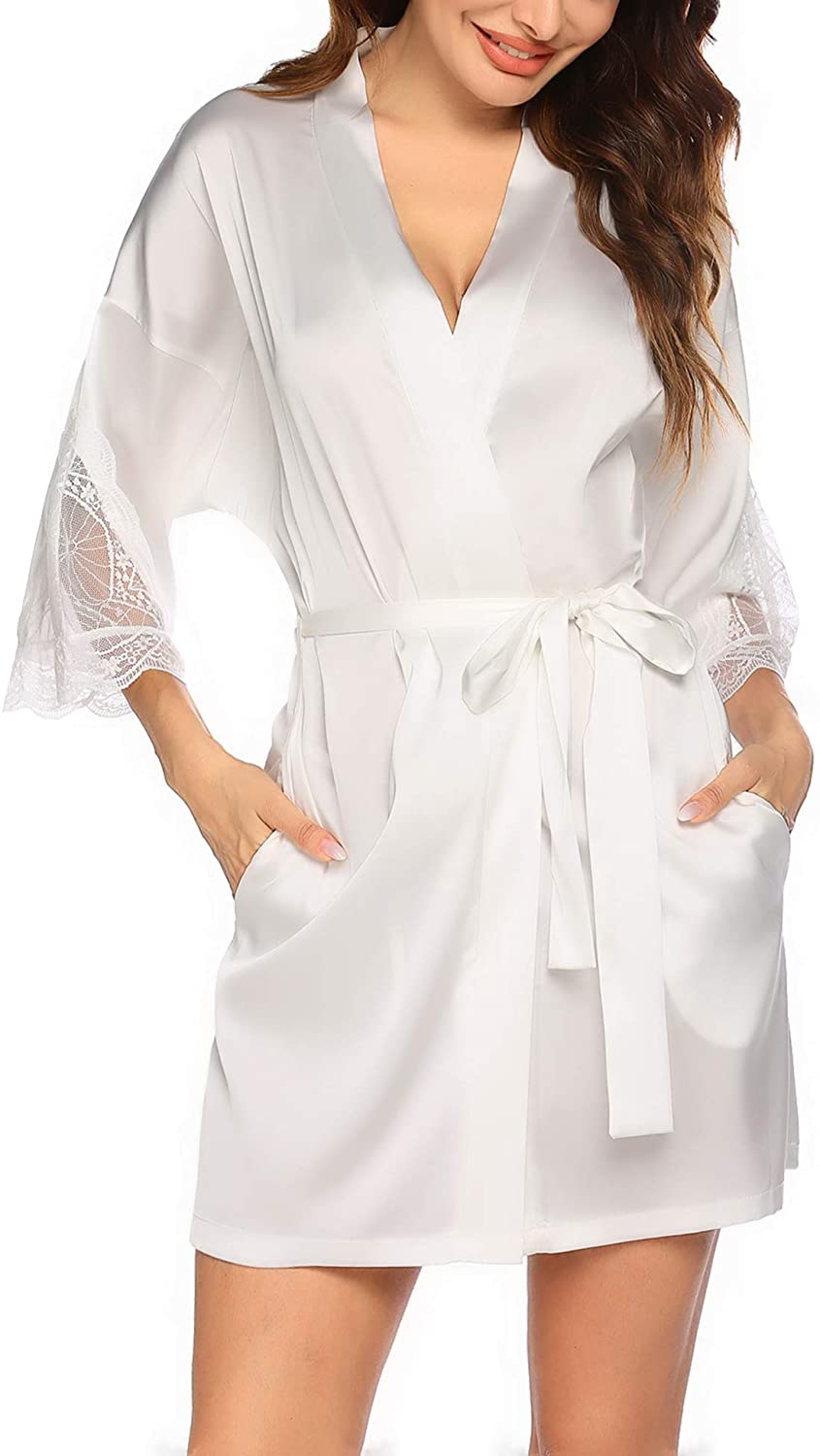Hotouch Women's Pure Color Short Satin Kimono Robes with Oblique V